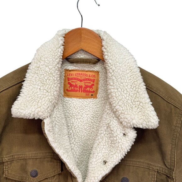 Men's Levi Strauss Corduroy Sherpa Lined Button Up Truckers Winter Tan Jacket M - Picture 5 of 6